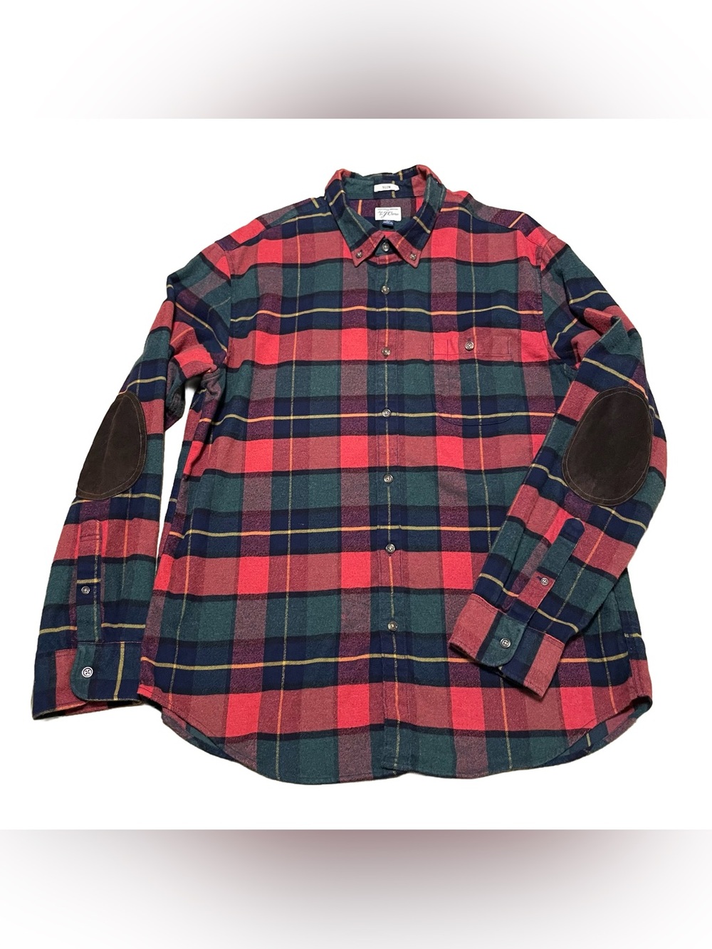 J. Crew Red and Green Plaid Flannel Button-Down Shirt with Brown Elbow Patches